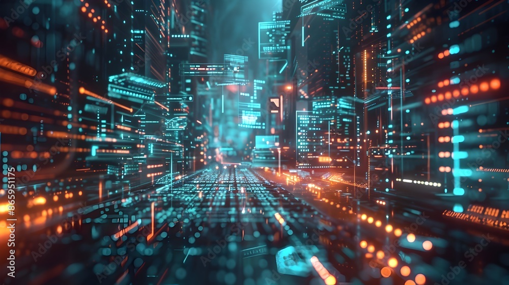 Futuristic Cityscape with Holographic Data Networks and Directives