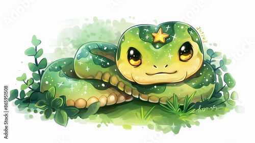 a green snake with a yellow face and black and yellow eyes lies on the grass, its mouth closed © cOmbEt