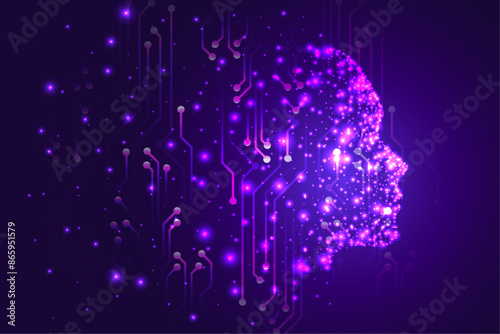 Electronic brain and Concept of artificial intelligence(AI).Graphic of a digital brain and Human head outline made from dot, connecting on dark purple background.