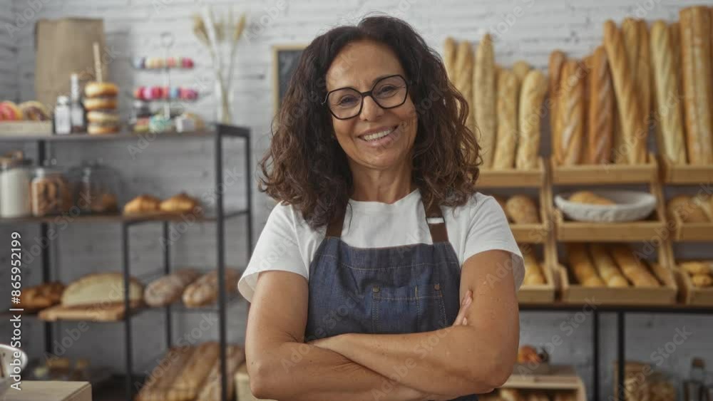 Hispanic woman baker smiling in a cozy bakery full of fresh bread loaves, standing confidently with arms crossed wearing a white shirt and apron, indoor shop setting. Hispanic woman baker smiling in a cozy bakery full of fresh bread loaves, standing confidently with arms crossed wearing a white shirt and apron, indoor shop setting.