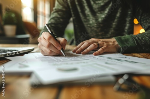 Focused Woman Writing on Paper at Desk With Laptop