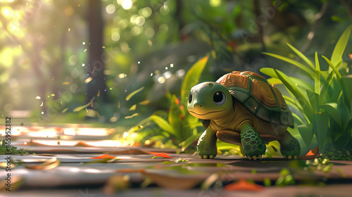 a toy turtle with a black eye sits on a sidewalk surrounded by plants, while a yellow and green frog rests nearby photo