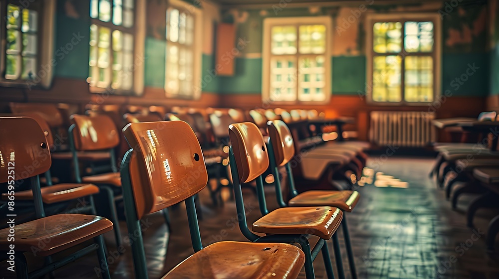 empty classroom with rows of desks and chairs, sunlight filtering through windows, quiet learning space empty classroom with rows of desks and chairs, sunlight filtering through windows, quiet learning space