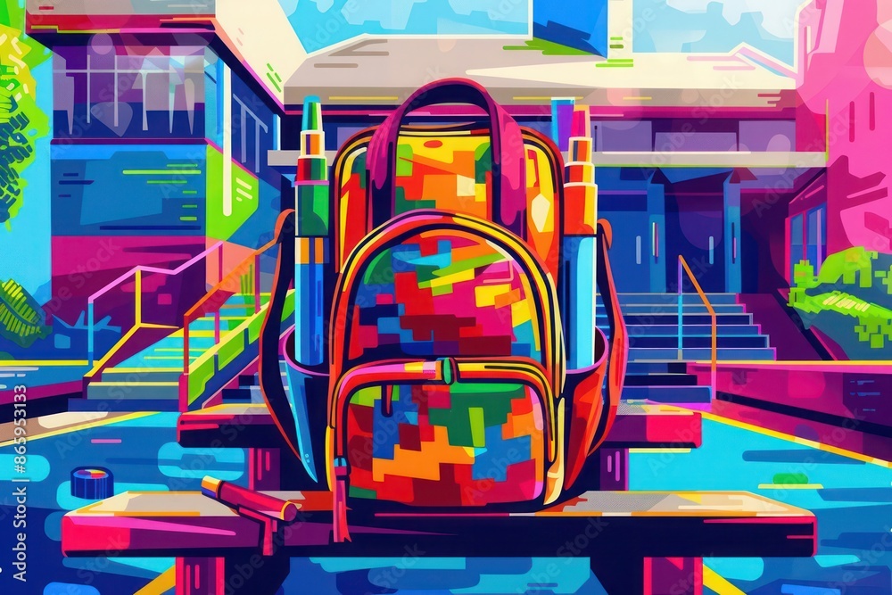 Colorful back to school graphic with pixel art markers, retro style, bold color scheme, high-definition image Colorful back to school graphic with pixel art markers, retro style, bold color scheme, high-definition image