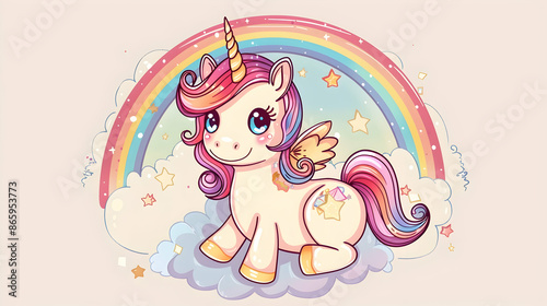 a cute cartoon unicorn with a pink tail and blue eye sits on a cloud, surrounded by a colorful rainbow and a yellow star © cOmbEt