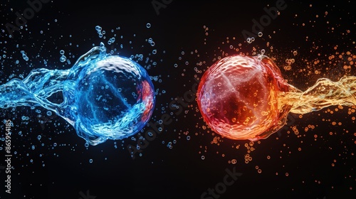 Two proton particles colliding on black background photo