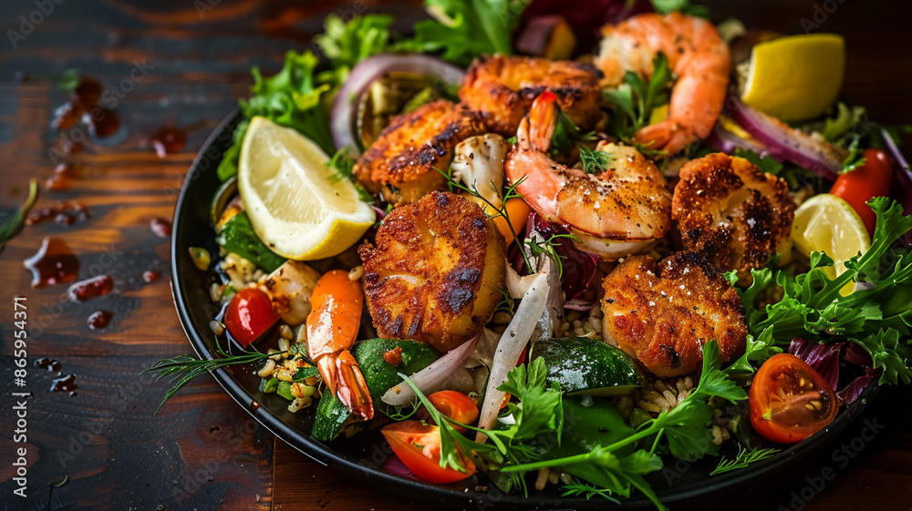 Healthy grilled seafood and vegetables on plate, AI Generative Healthy grilled seafood and vegetables on plate, AI Generative