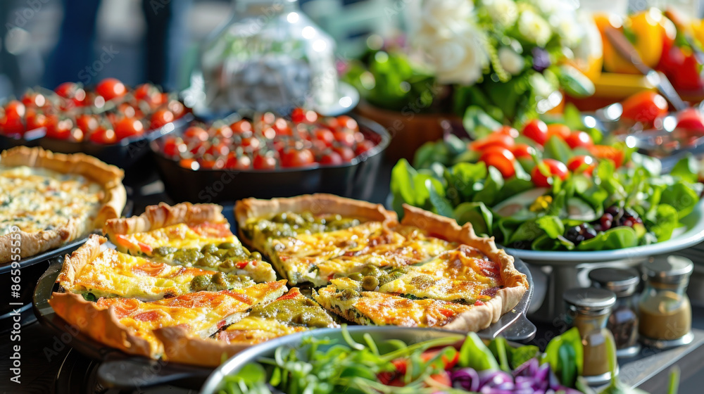 Fototapeta premium Appetizing buffet with vegetable quiche, fresh salads, and juicy cherry tomatoes in an outdoor setting