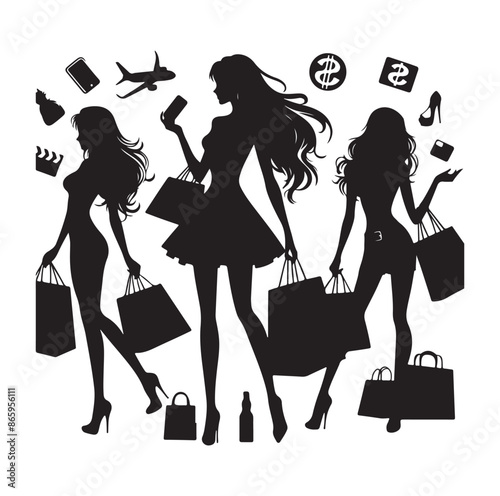 shopping girl woman holding shopping bag silhouette vector illustration