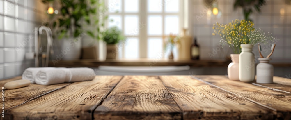 Folded White Towels on Wooden Countertop in Bathroom With Plant and Bottles Folded White Towels on Wooden Countertop in Bathroom With Plant and Bottles