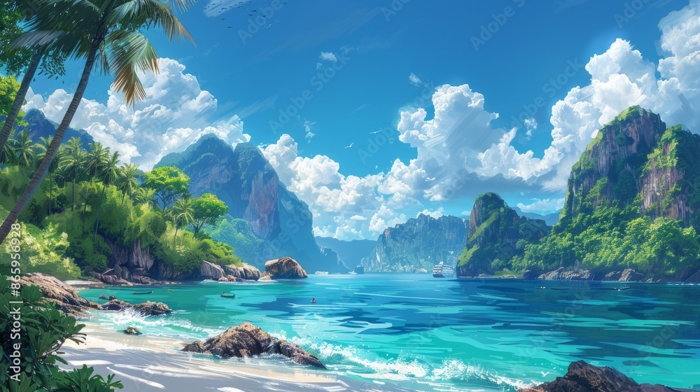 Fototapeta premium phuket thialand, in the style of lively illustrations, grandoise color scheme, flat background, AI Generative