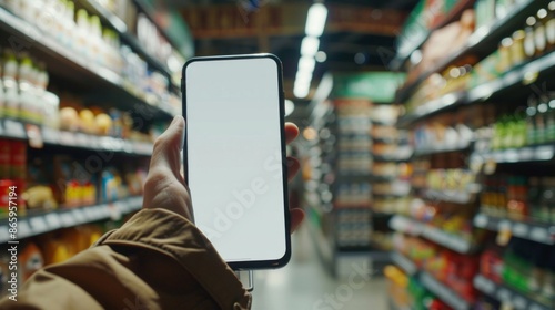 Wallpaper Mural product still, a hand holding a smartphone running at supermarket, blank screen, screen on focus, AI Generative Torontodigital.ca