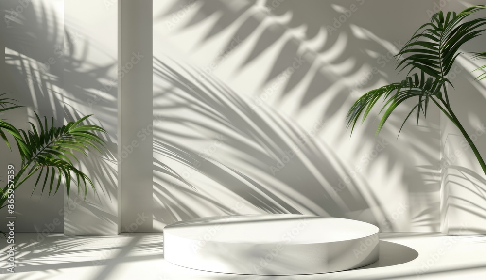 Minimalist White Platform With Palm Tree Shadow in Sunlight Minimalist White Platform With Palm Tree Shadow in Sunlight