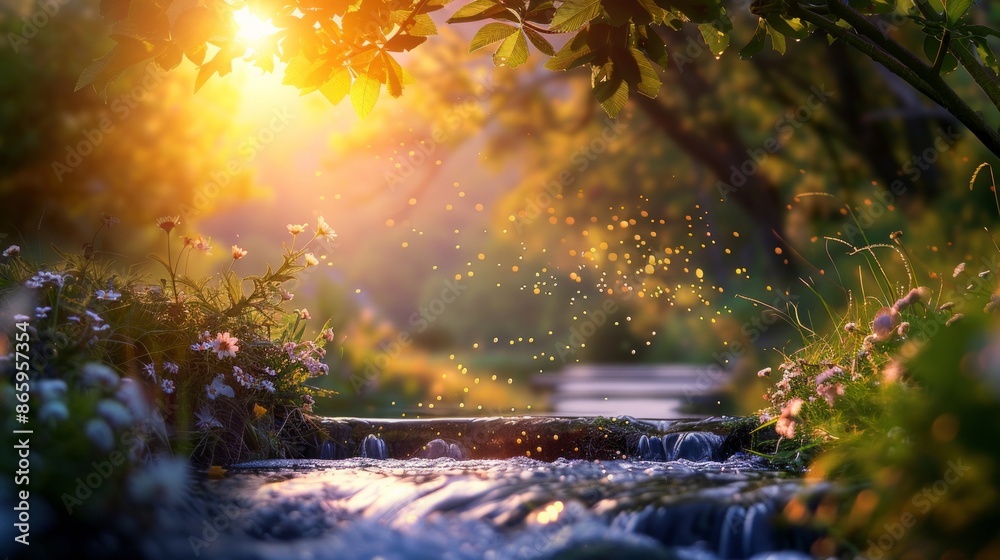 real photography, photographer style, nature is full of vigor and vitality, mountains, flowing water, small bridges, grass, AI Generative