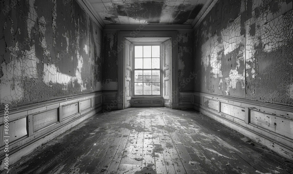 A black and white photo of a dilapidated room with peeling paint. AI. A black and white photo of a dilapidated room with peeling paint. AI.