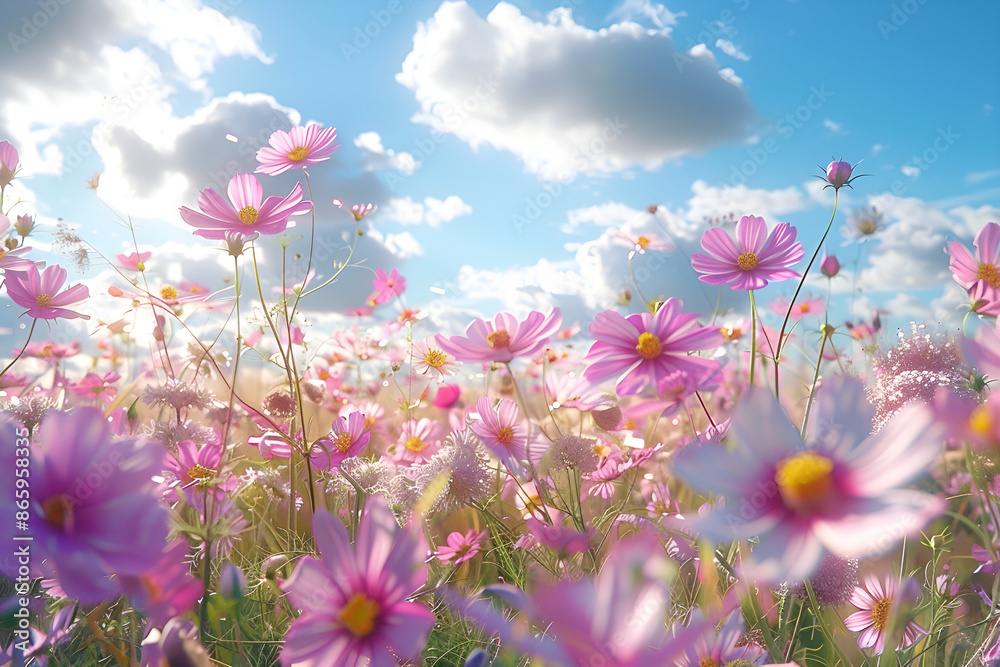 Pink cosmos flowers blooming in a field under a blue sky. Pink cosmos flowers blooming in a field under a blue sky.