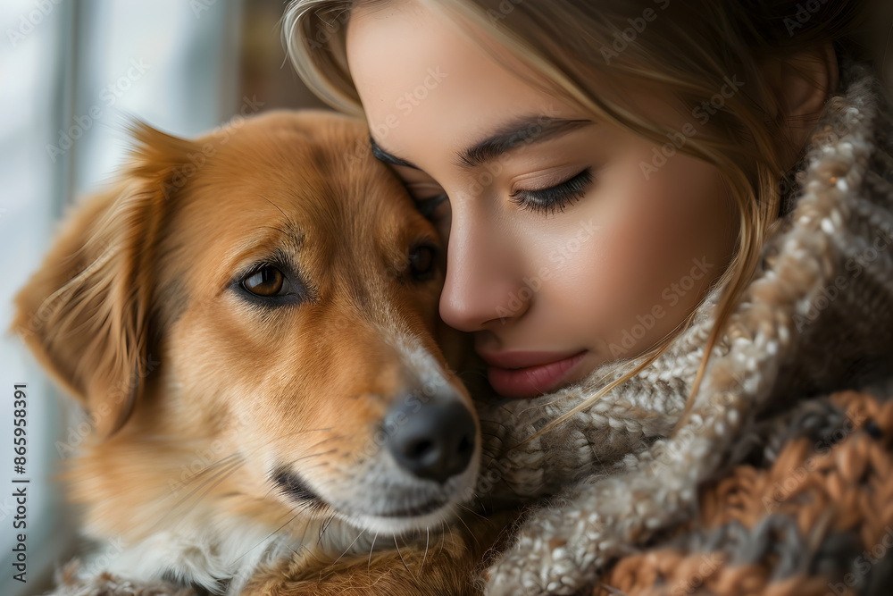 Cozy Moment Between Woman and Dog in Warm Sweaters by the Window on a Winter Day Cozy Moment Between Woman and Dog in Warm Sweaters by the Window on a Winter Day