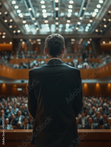 A man in a suit standing at the front of an auditorium. AI.
