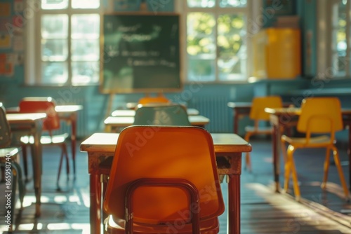 Empty Classroom Chairs Facing Green Chalkboard in Sunlight