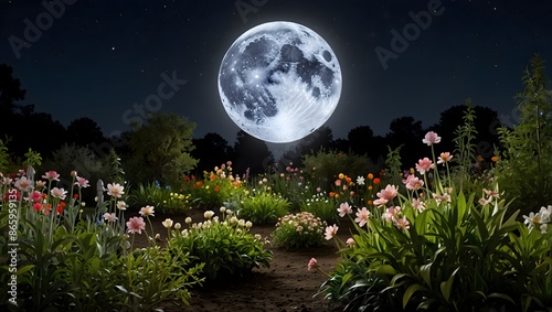 A garden where mystical blooms only open under the light of a full moon ai_generated
