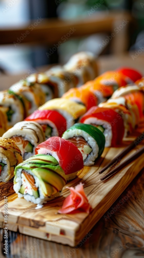 A wooden cutting board with sushi rolls on it and chopsticks. AI. A wooden cutting board with sushi rolls on it and chopsticks. AI.