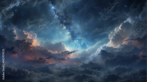 A beautiful painting of clouds and stars in the sky. AI.