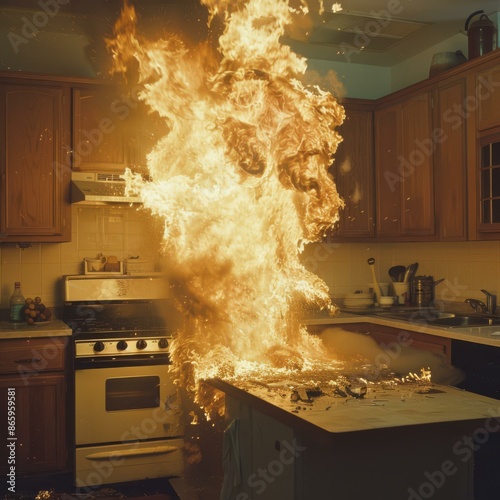 A kitchen with a stove and oven on fire in the middle. AI. photo