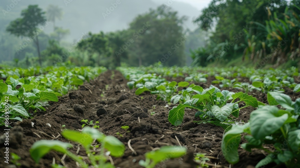 Close-up view of a lush green crop field in a forested area Close-up view of a lush green crop field in a forested area