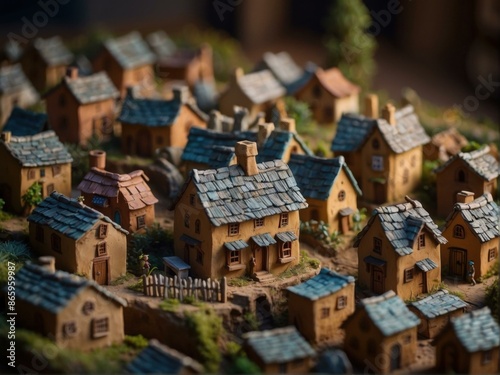 A miniature village of houses and a small pond. AI. © serg3d