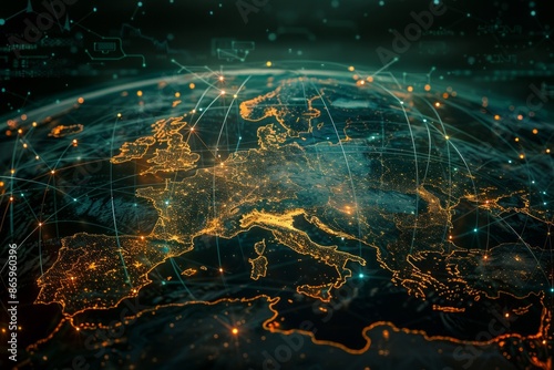 section of the globe on which europe is recognizable. laid over this is a network of servers, AI Generative