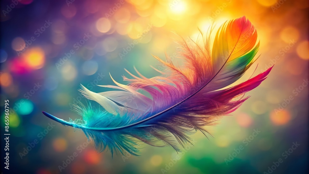 Obraz premium Vibrant multicolored gradient single feather suspended in mid-air against a soft, blurred background, exuding ethereal elegance and weightlessness.