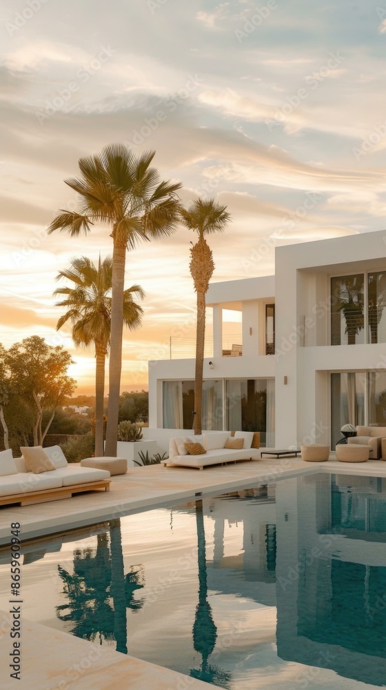 Fototapeta premium A modern villa with a pool and palm trees. Generative AI.