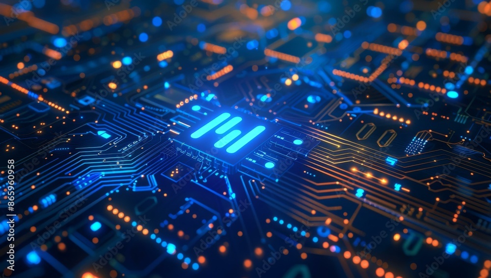 A circuit board with a blue light on it. AI. A circuit board with a blue light on it. AI.