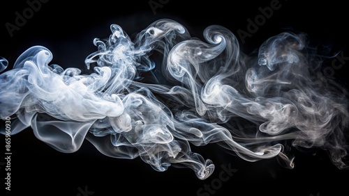 Ethereal white smoke wafts and curls, suspended in mid-air against a deep, mysterious black background, evoking an otherworldly atmosphere. photo