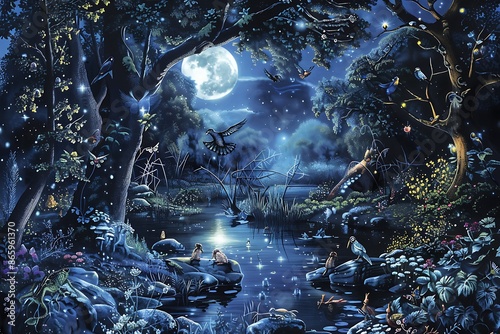 A moonlit grove with a sparkling pond and a chorus of nocturnal creatures