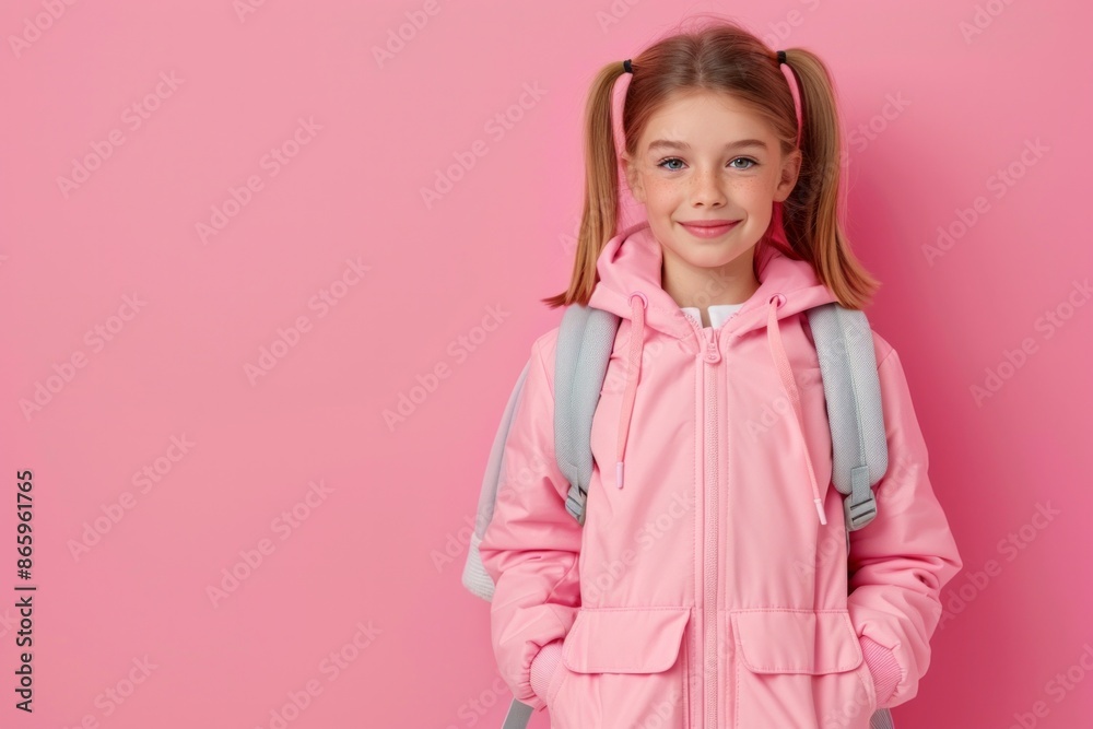 Smiling young girl with a grey backpack, wearing a pink jacket, posing against a pink background Smiling young girl with a grey backpack, wearing a pink jacket, posing against a pink background