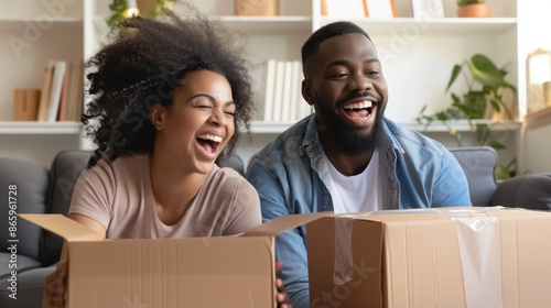 Joyful couple unpacking cardboard boxes in their new home, smiling and laughing together in bright living room