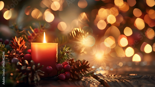 a festive christmas scene featuring a lit red candle and a red flower on a wooden table, with a blurry christmas tree in the background