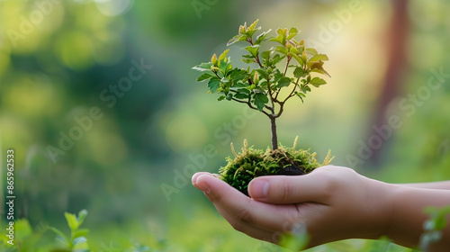a person holds a small tree in their hand, surrounded by green grass, with their thumb visible in the foreground