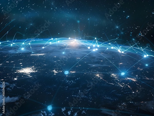 Global Network Connections with Radiant Night Sky and Illuminated Landscape