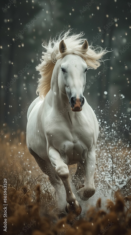 Fototapeta White Horse Running Through a Forest in the Rain