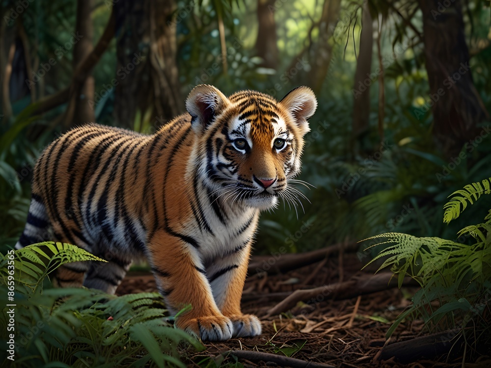 Obraz premium A curious tiger cub is exploring the forest