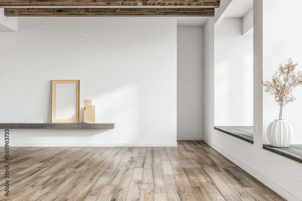Fototapeta premium Minimalist living room interiors with elegant furniture, window lighting and copy space. Real Estate interiors design in neutral colors for advertising online.