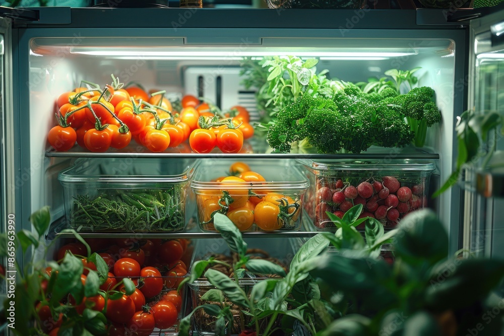 Refrigerator Shelves Stocked With Fresh Vegetarian Produce Refrigerator Shelves Stocked With Fresh Vegetarian Produce
