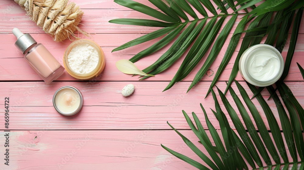 Skincare items with a palm leaf on pink wooden surface, top view, copy space Skincare items with a palm leaf on pink wooden surface, top view, copy space