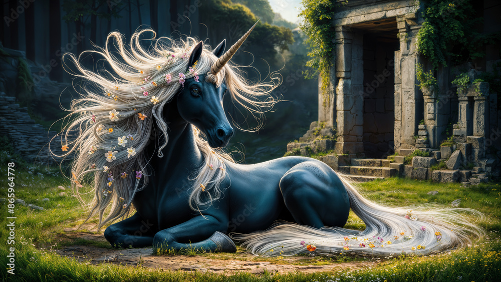 Mythical black unicorn with flowers in her long white mane, resting peacefully at ancient old temple ruins in an enchanted forest. Mythical black unicorn with flowers in her long white mane, resting peacefully at ancient old temple ruins in an enchanted forest.