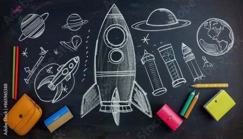Detailed chalk drawing of rocket and various school supplies on blackboard.