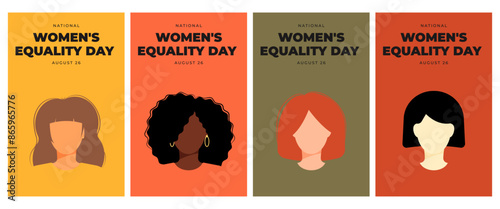 Women's Equality Day. Feminism holiday. Set of poster, flyer, card with different women. Vector illustration in flat style.