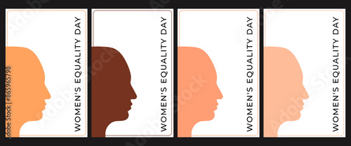 Women's Equality Day. Feminism holiday. Silhouette of a woman's head in profile. Set of banners, cards, posters. Vector illustration in flat style.