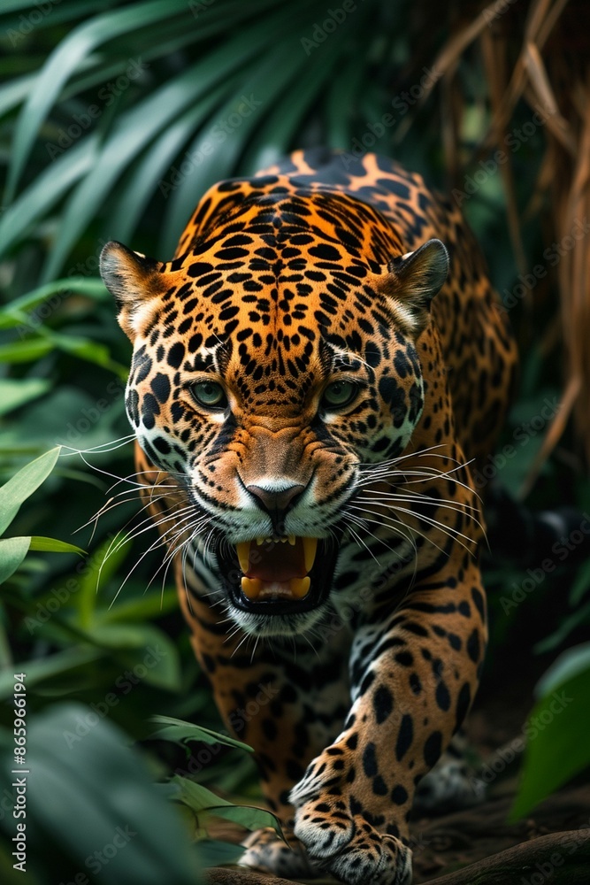 Jaguar Walking Through Lush Green Foliage Jaguar Walking Through Lush Green Foliage
